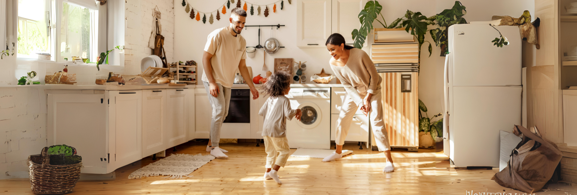 two young parents playing in a kitchen with their daughter 